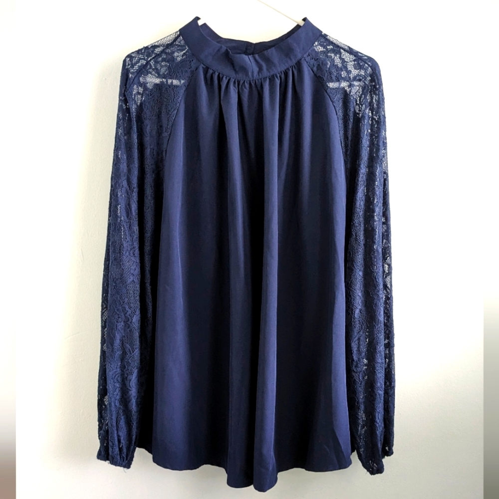 Shein Curve 4XL Navy Blue Lightweight High Neck Lace Long Sleeve Top
